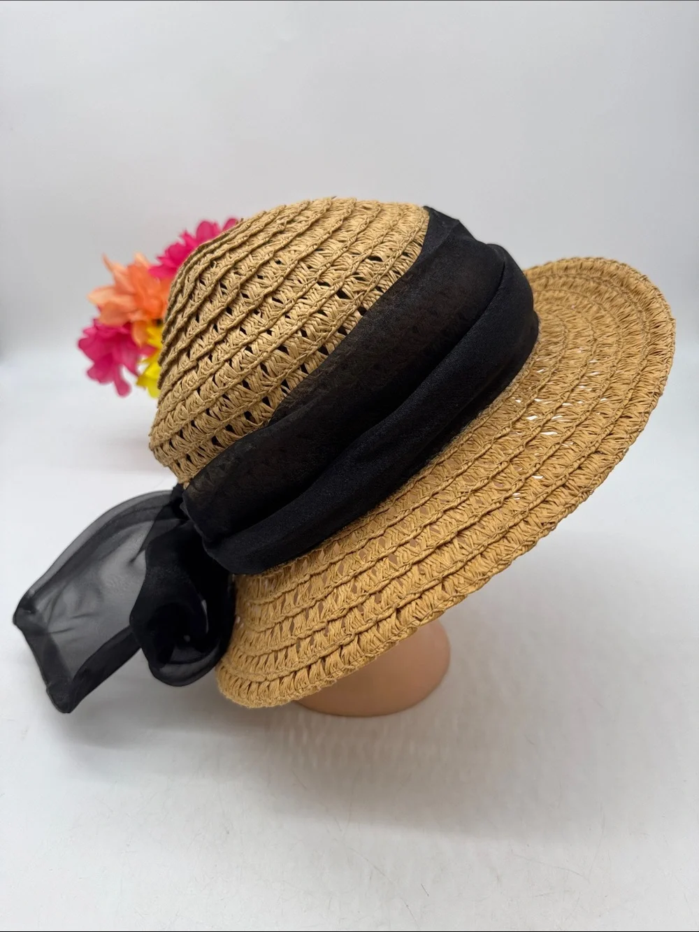 Giovannio Straw Sun Hat with Black Scarf w/Bow
